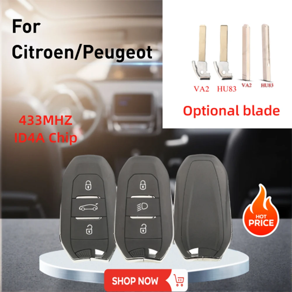 

Jingyuqin для Citroen/Peugeot 433 МГц ID4A чип 3 кнопки смарт-карта пульт дистанционного управления автомобильный ключ дополнительные лезвия VA2/HU83 аксессуары