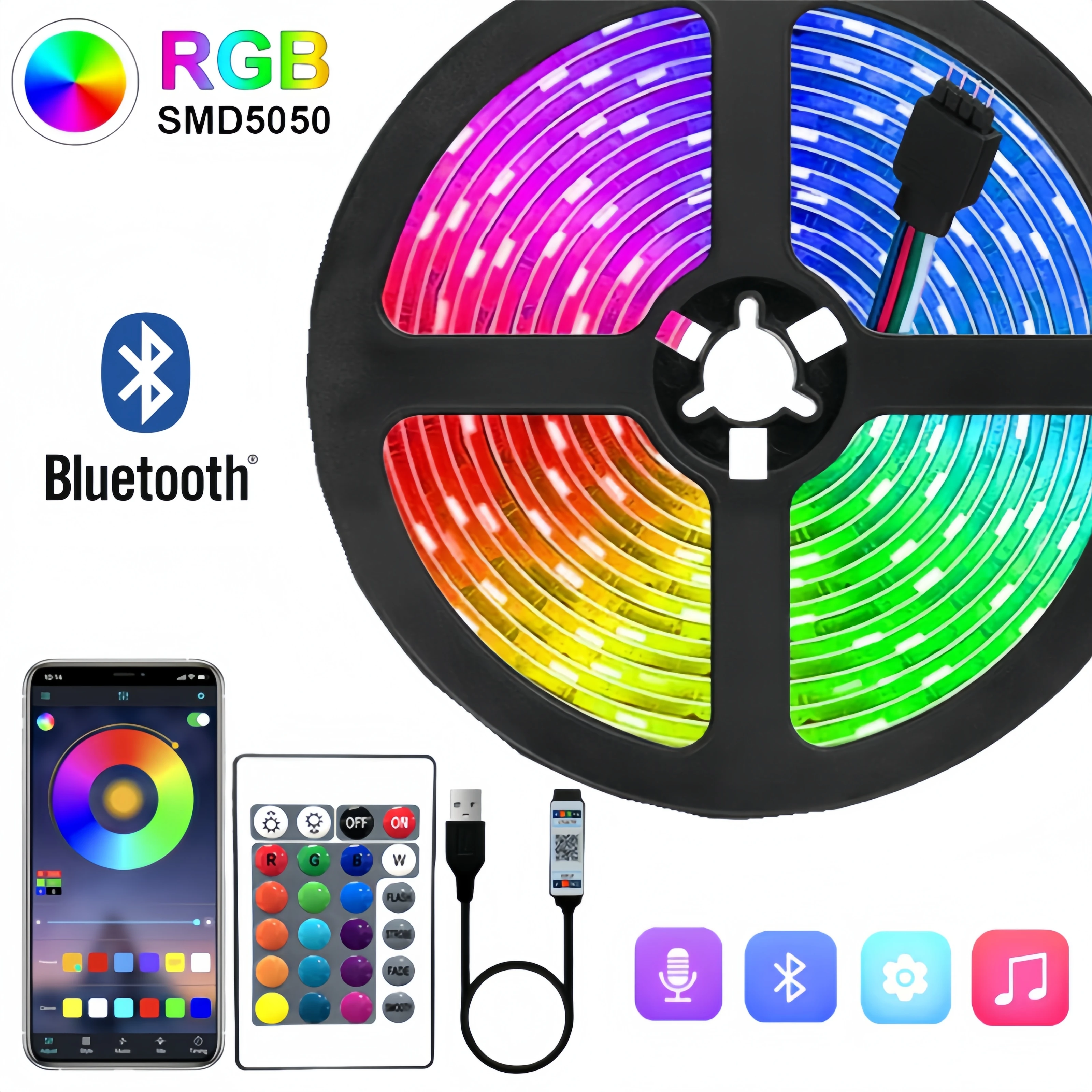 شريط إضاءة LED لتزيين غرف النوم ، إضاءة خلفية للتلفزيون ، لون RGB ، USB ، بلوتوث ، SMD ، 5 م ، 10 م ، 15 م ، 20 م