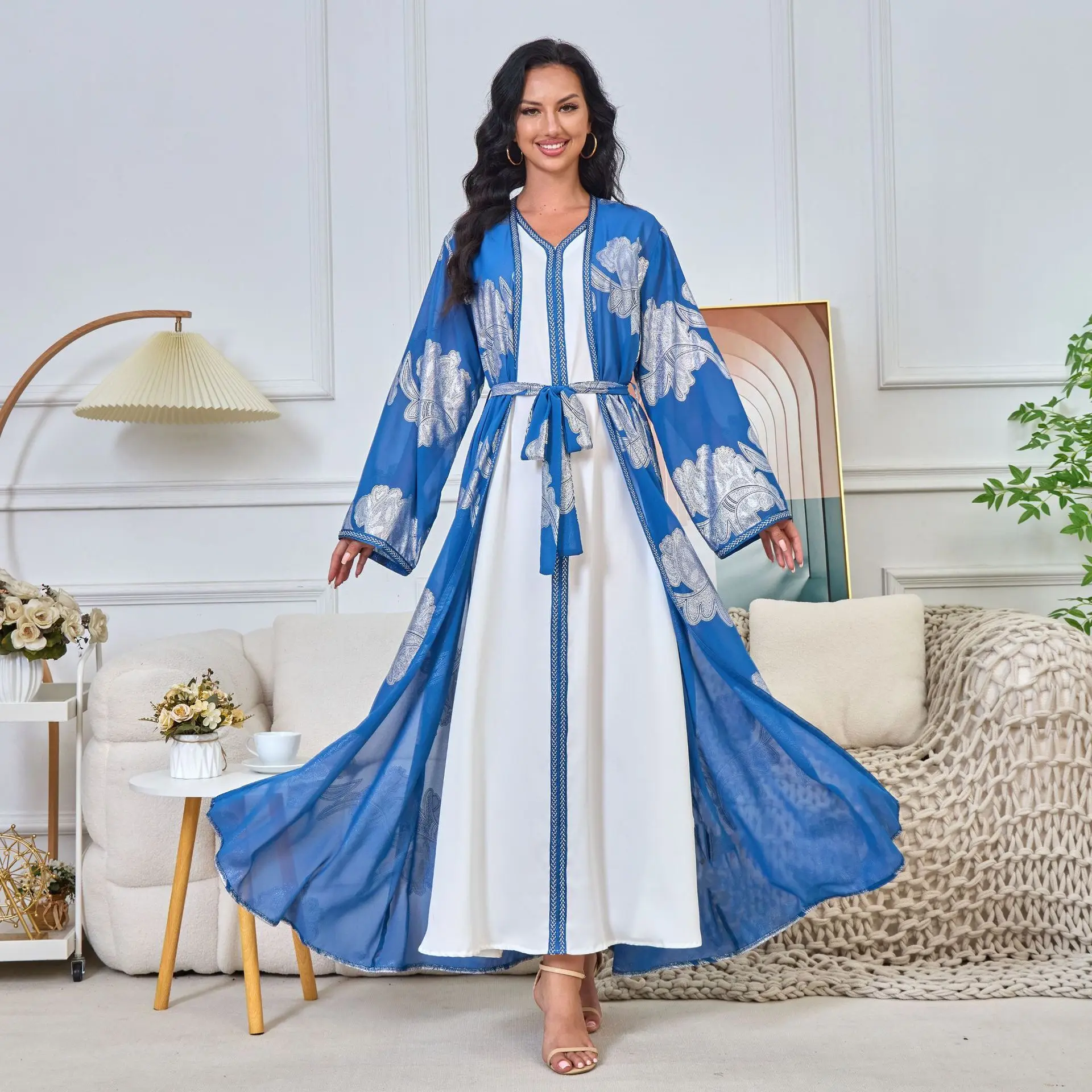 

Mt173 New Fashion Women's Clothing V-neck Long-sleeve Cardigan Two-piece Set With Gold Foil Dress For Women Islam Elegant