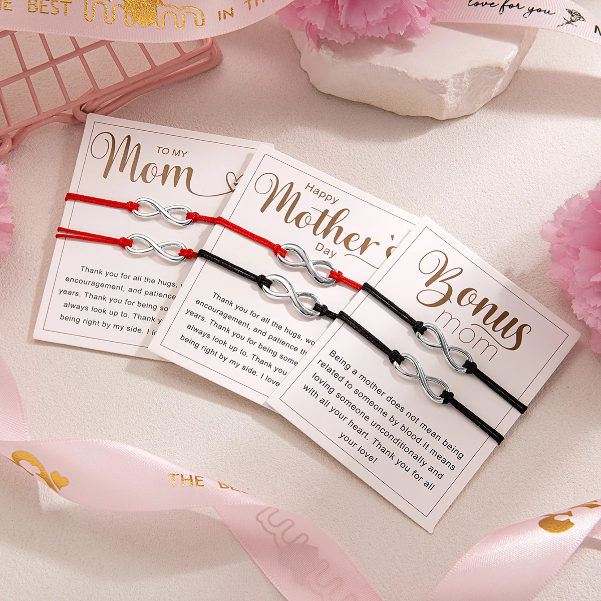 2 Mother's Day card bracelets with 8-shaped red and black braided ropes, the best gift for mothers