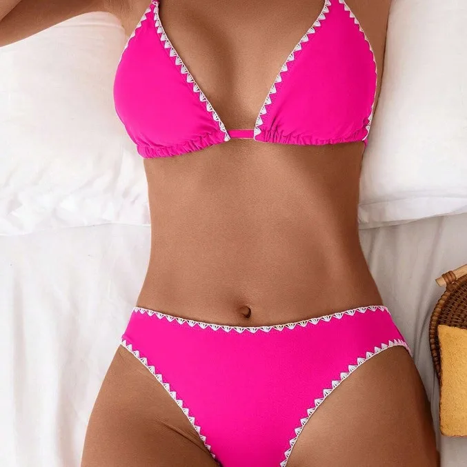 Bikini Sexy Slim Backless Swimsuit Neck Triangle Plain Flower Bud Split Swimsuit Women 2 PiecesTankini Tankini Swimwear Women