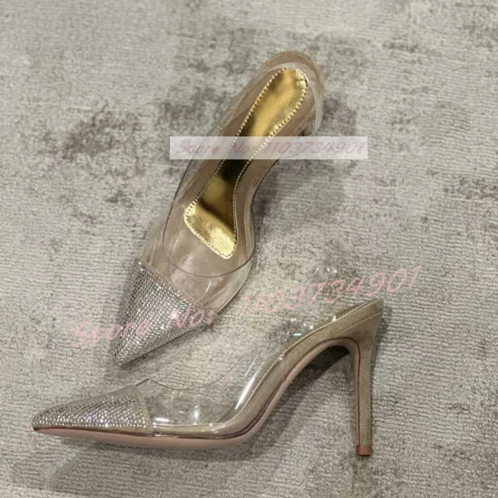

Crystals Pointy Toe Clear Strap Sandals Female Elegant Metallic High Heels Shoes Ladies Sexy Chic Fashion Patent Leather Sandals
