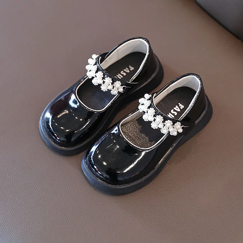 2023 Spring New Girls Leather Shoes Kids Fashion Cute Pearls Rhinestone Princess Shoes Children\'s Anti Slip Flat Shoes G590