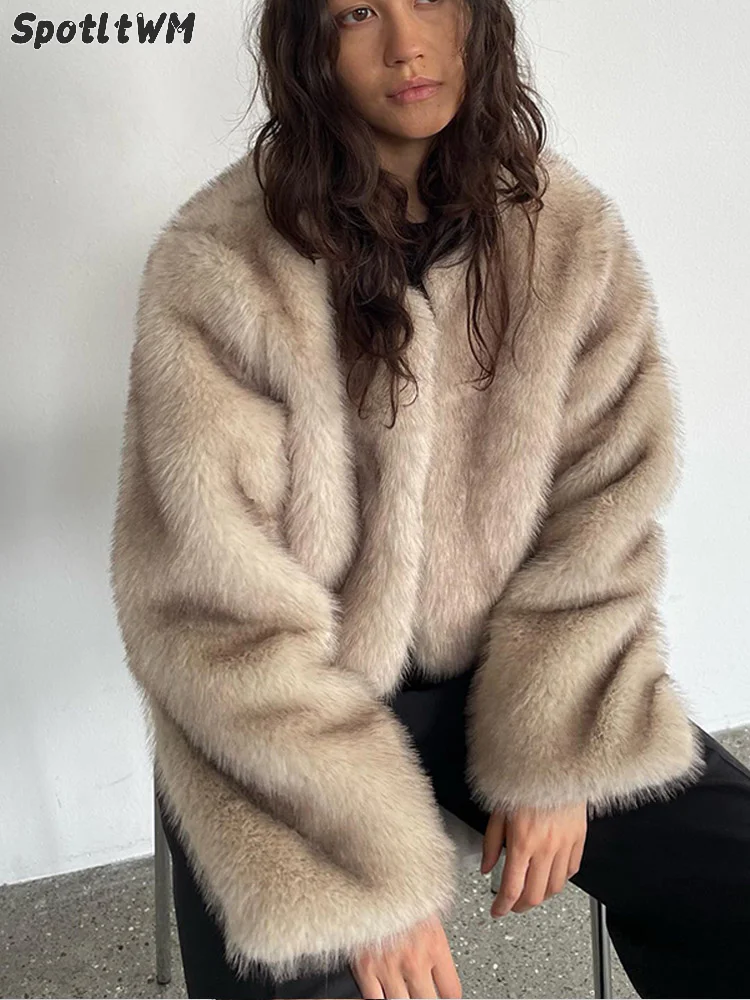 2024 New Elegant Fluffy Faux Fur Cropped Women's Coats Chic Warm Round Collar Long Sleeve Jackets Female Trendy Plush Streetwear