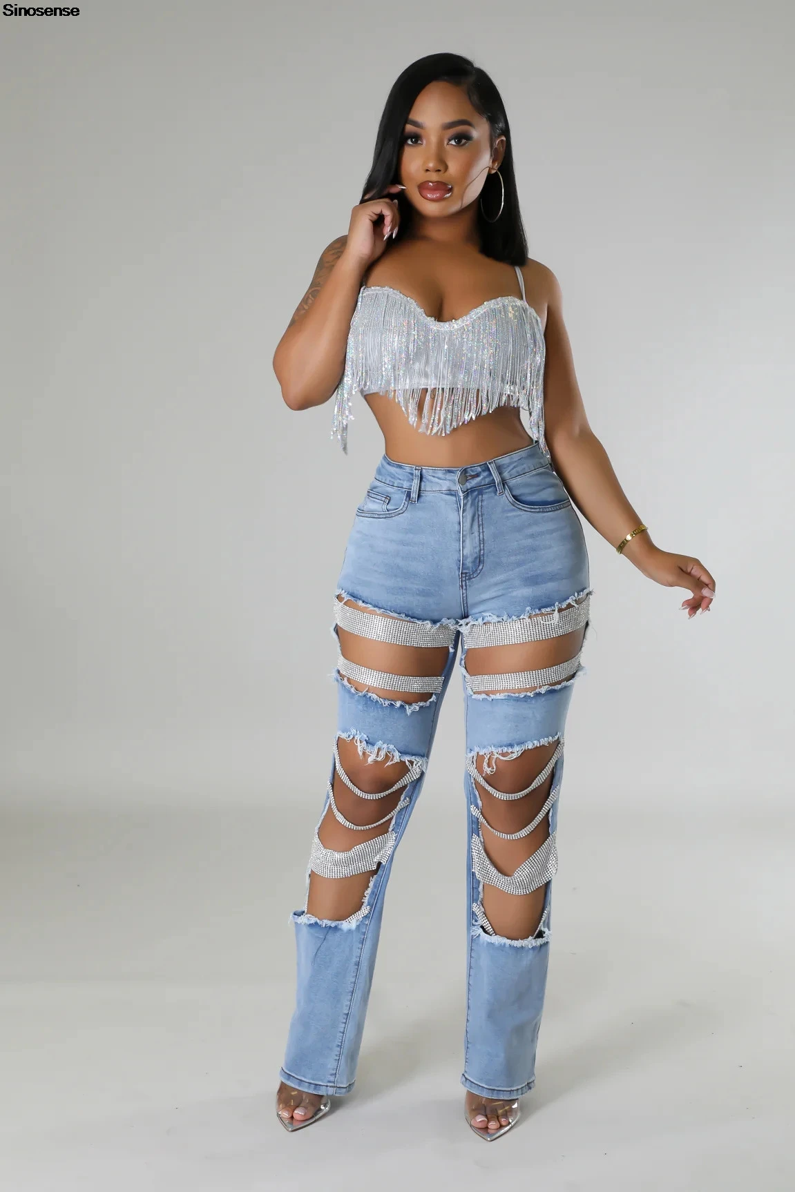 Women Skinny Ripped Jeans Rhinestones Chain Stretch Distressed Destroyed Denim Pants Y2K Streetwear Night Club Party Jeans