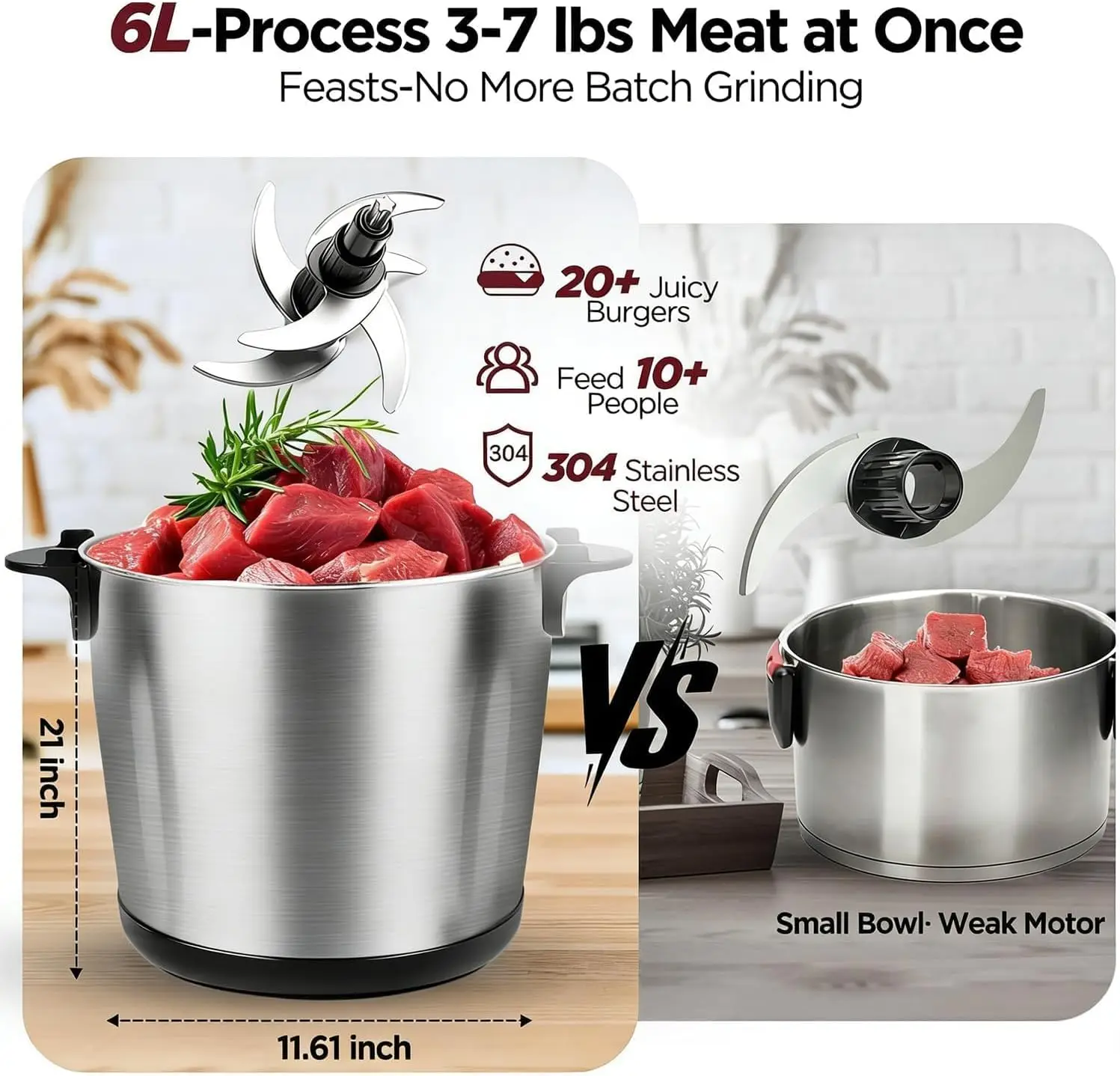 6L Electric Meat Grinder & Food Processor, 1200W Stainless Steel Meat Chopper with 6 Sharp Blades, 2-Speed Large Capacity Food C