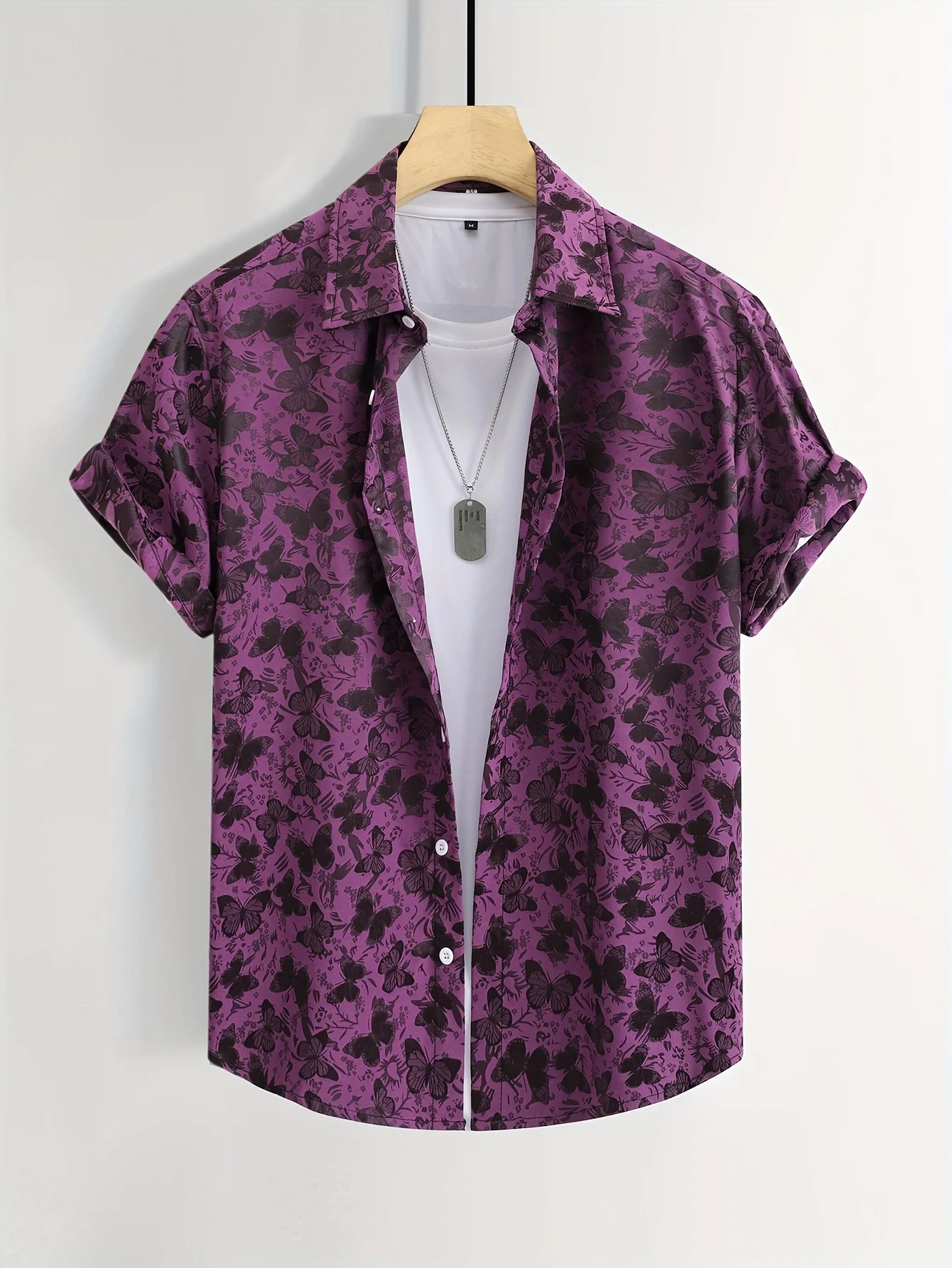 Men Short Sleeve Button Down Shirt Purple Black Butterfly Print Polyester Casual Beach Blouse