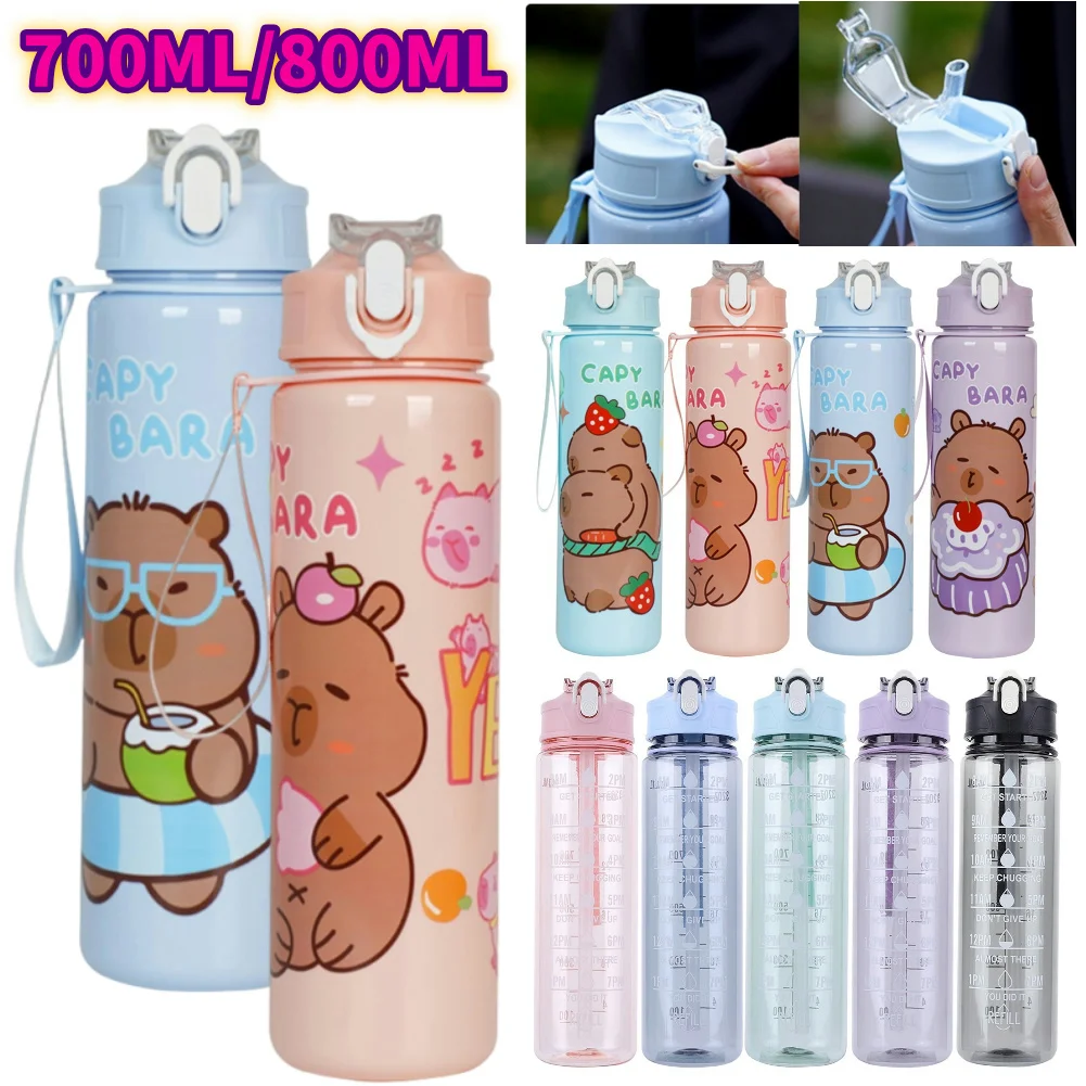 Taza de agua bonita de capibara de 700/800ML con pajita y asa, botella para beber deportiva, botella de agua Kawaii de gran capacidad para uso en exteriores
