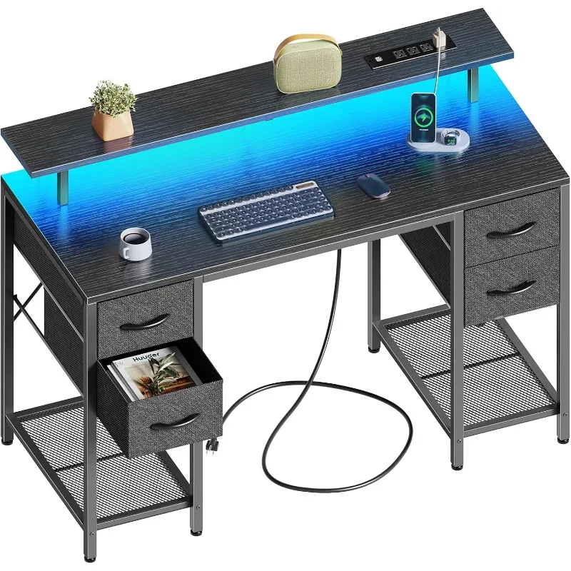 

47" Computer Desk with 4 Drawers, Gaming Desk with LED Light and Power Outlet, Black