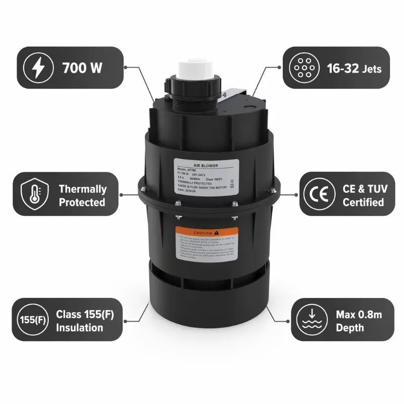 700W Spa Air Blower 220V 32mm Connector EU Plug Thermal‑Protected Bubble Air Pump For Outdoor Massage Hot Tub