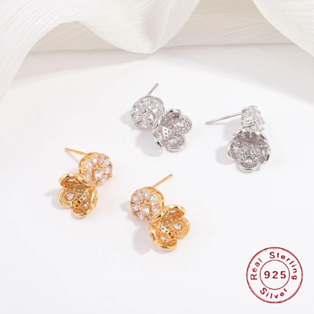 

Серьги-гвоздики из стерлингового серебра S925 с инкрустацией цирконами, ажурные, в форме цветочного кластера, аксессуары для самостоятельного изготовления серег, SE96