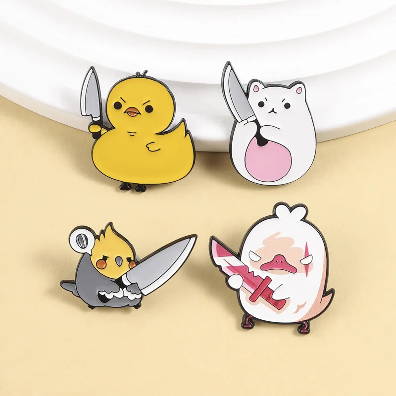 4Pcs Cute Angry Animal With Knife Enamel Pins Set Duck Cat Parrot Chicken Brooches Funny Cartoon Lapel Badges Jewelry Gift