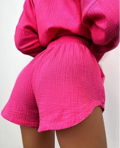 Women\'s Sports Suits 2025 Autumn Winter Latest Solid Color Long Sleeve Buttons Tops and Shorts Wrinkle Pressing Shirt Shorts Set