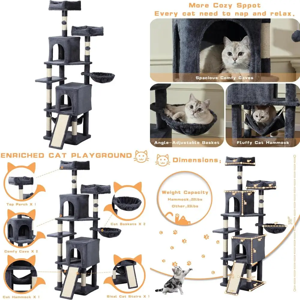 

Large Multi-Level Cat Tower with Hammock, Scratching Post, Condo, 70-Inch High Activity Center for Cats