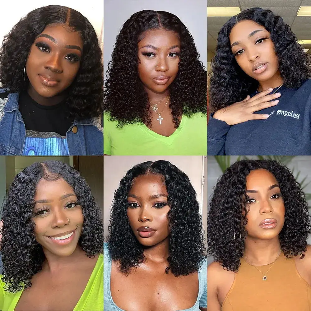 10A Kinky Curly Short Bob Human Hair Wigs 4x4 Lace Frontal Closure Water Wave Wigs Brazilian Remy Wigs For Women