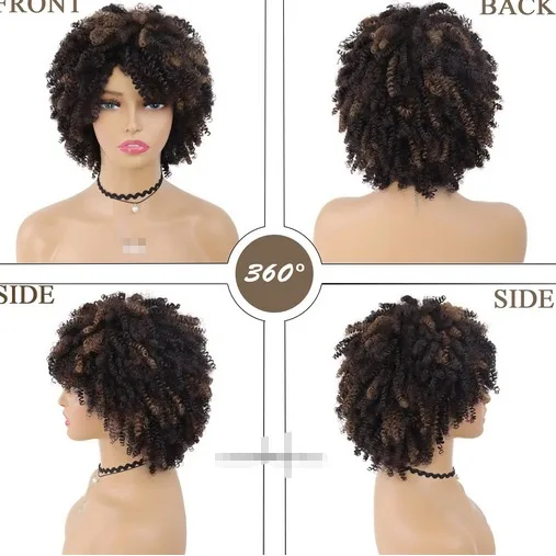 Sintético marrom escuro afro kinky encaracolado peruca com franja para preto feminino curto bombshell perucas natural olhando diário traje festa