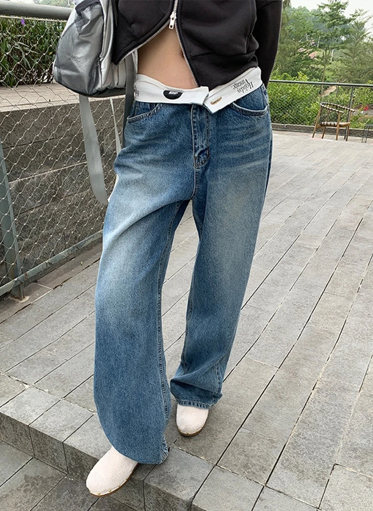 Denim pantalon droit femmes jambe large jean taille basse poches lavées 2025 Streetwear en détresse Vintage pantalon longueur de plancher