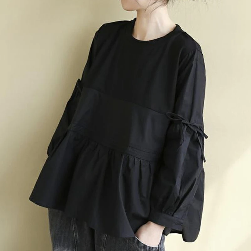 Clothes for Women Korean Fashion Bow Cute Chic Blouses Vintage Ruffled Patchwork Oversized Shirts Solid O Neck Long Sleeve Tops