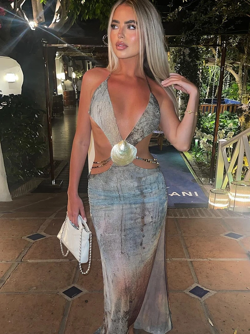 WEIRD PUSS Holiday Sle Deep V-Ne Hollow out Sexy Girl Hanging Ne Dr Women's High Waist Polyester Long Dr Summer