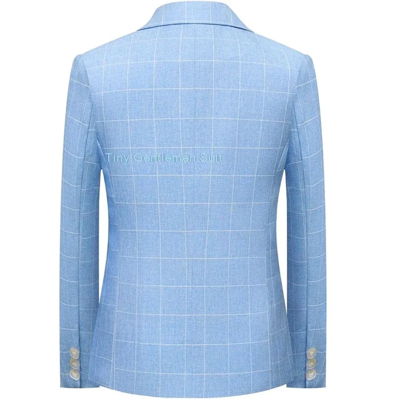 Boys Summer Blue Plaid Suit Set Child Gentleman Piano Host Performance Photography Costume Kids Blazer Pants Vest Bowtie Outfit