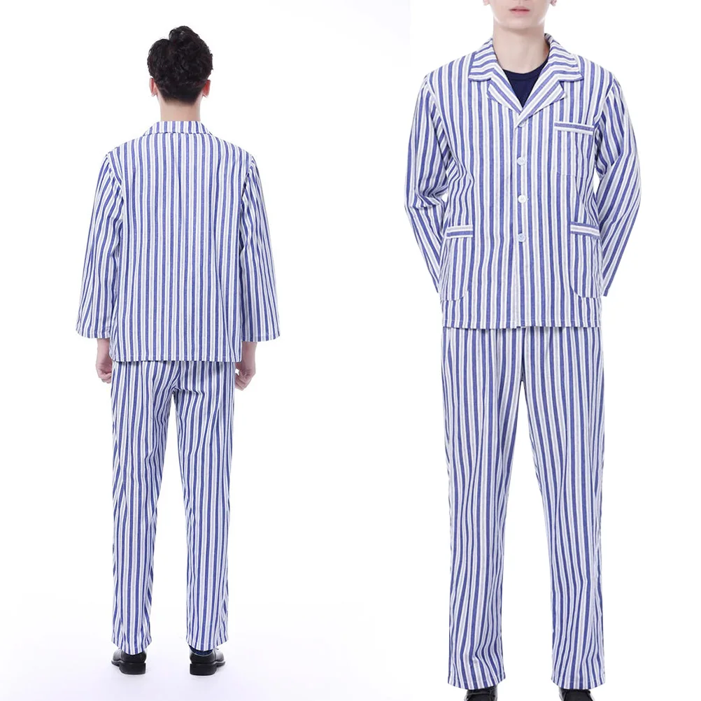 

1Set Cotton Adult Pajamas Patient Long Sleeve Xl Blue White Stripe Comfortable Breathable Hospital Clothes Sleepwear for Daily
