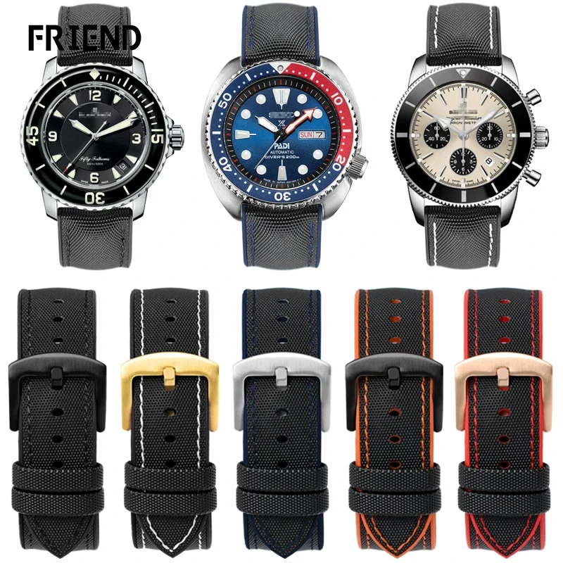 Men's Waterproof Nylon Silicone Watch Band 22mm for Baopo 50-Looking Breitling Seiko Water Ghost  Watch Bracelet Strap