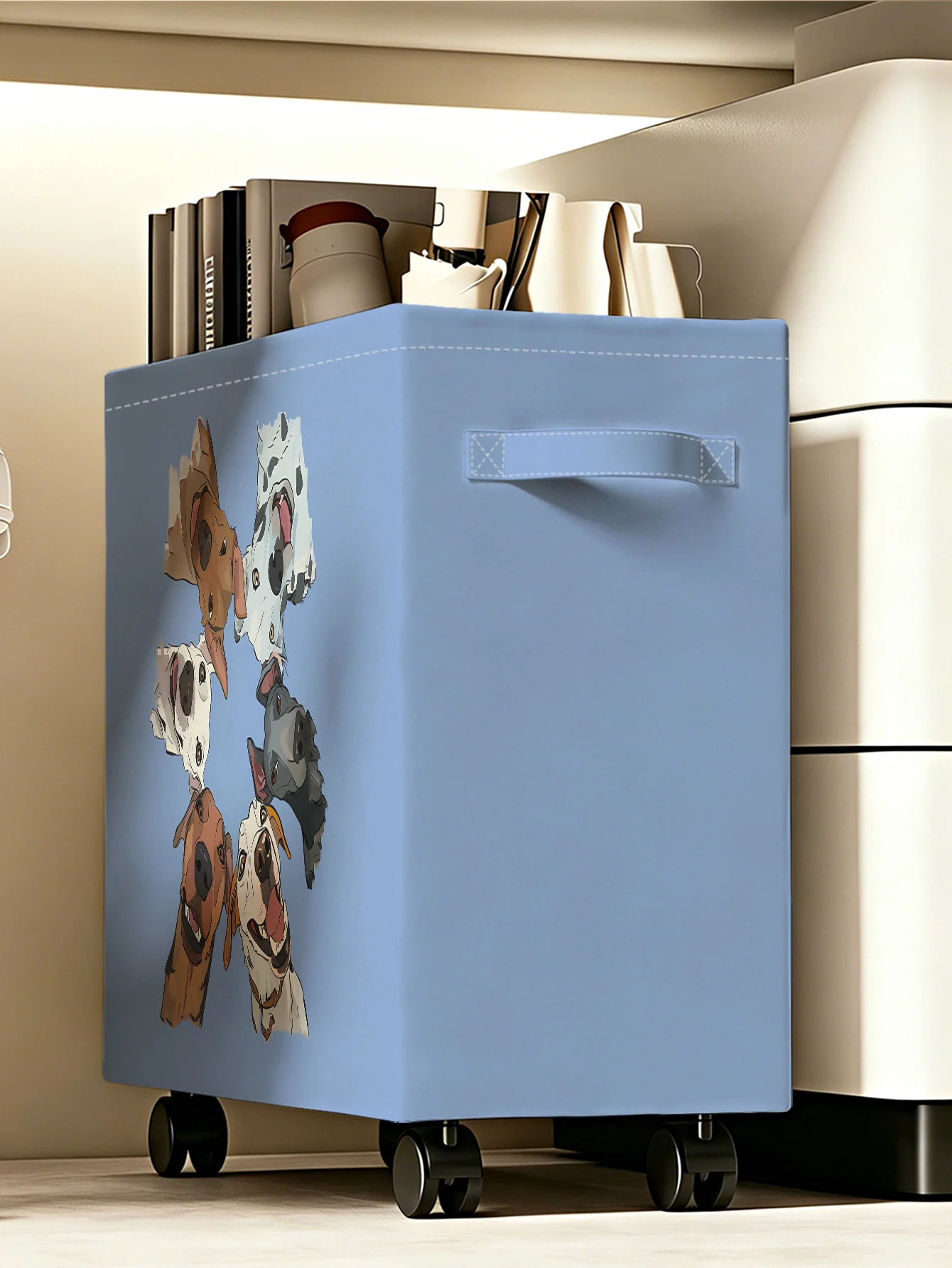 Cartoon Group Dogs Print Rolling Storage Bin, Foldable Fabric Organizer Box with Wheels for Home Bedroom Closet Storage