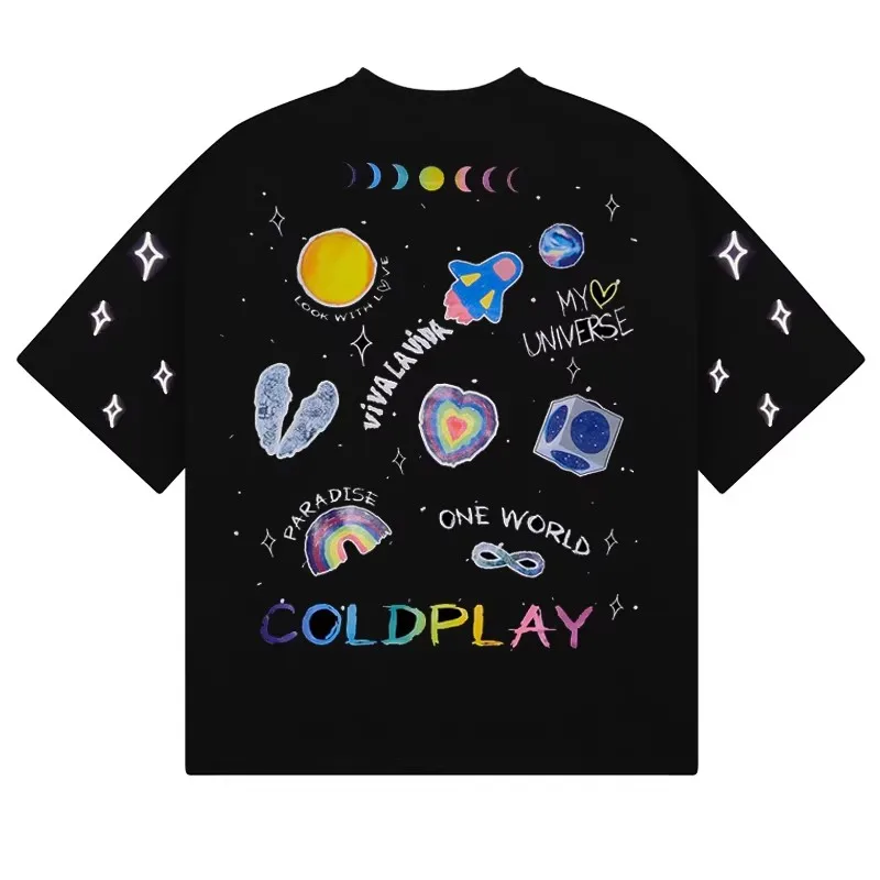 2026 New Cool Play Band Rock Heavyweight Trendy Brand Water Vintage Washed Universe Star Men's T-shirt Loose Fit Digital Prin...