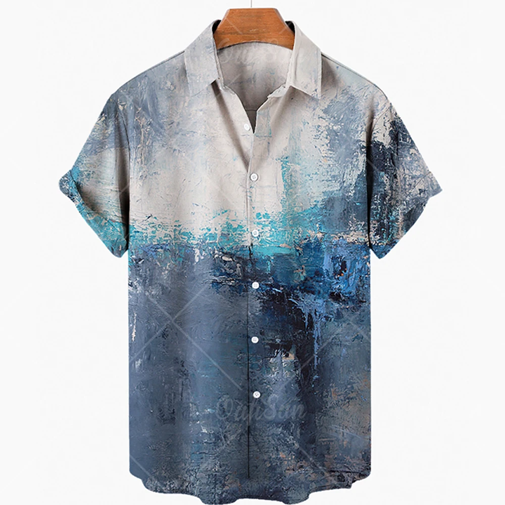 Men's Short Sleeve Shirt Streetwear 3D Oil Painting Shirt Harajuku Hawaiian Beach Lapel Shirt Button Casual Short Sleeve 2024