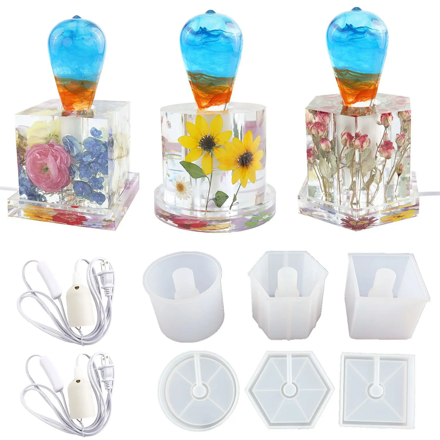 DIY Epoxy Resin Mold Lamp Holder Hexagonal Cube Cylinder Bedside Lamp Silicone Mold Home Decoration