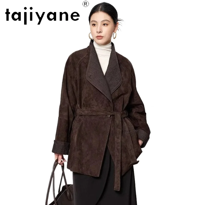 TAJIYANE Cappotto in Pelle Scamosciata di Capra da Donna, Giacca in Vera Pelle con Scollo a V e Cintura, Lunghezza Media, Abbigliamento Autunnale 2026