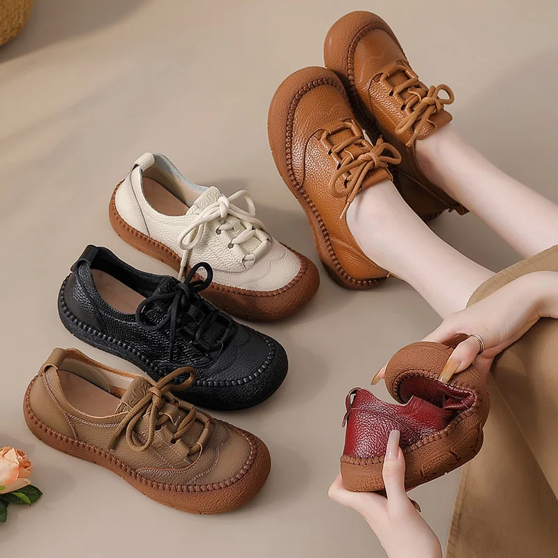 

New soft genuine leather flats women's lace-up natural shoes mocasines mujer waterproof loafers woman driving flats brown shoes