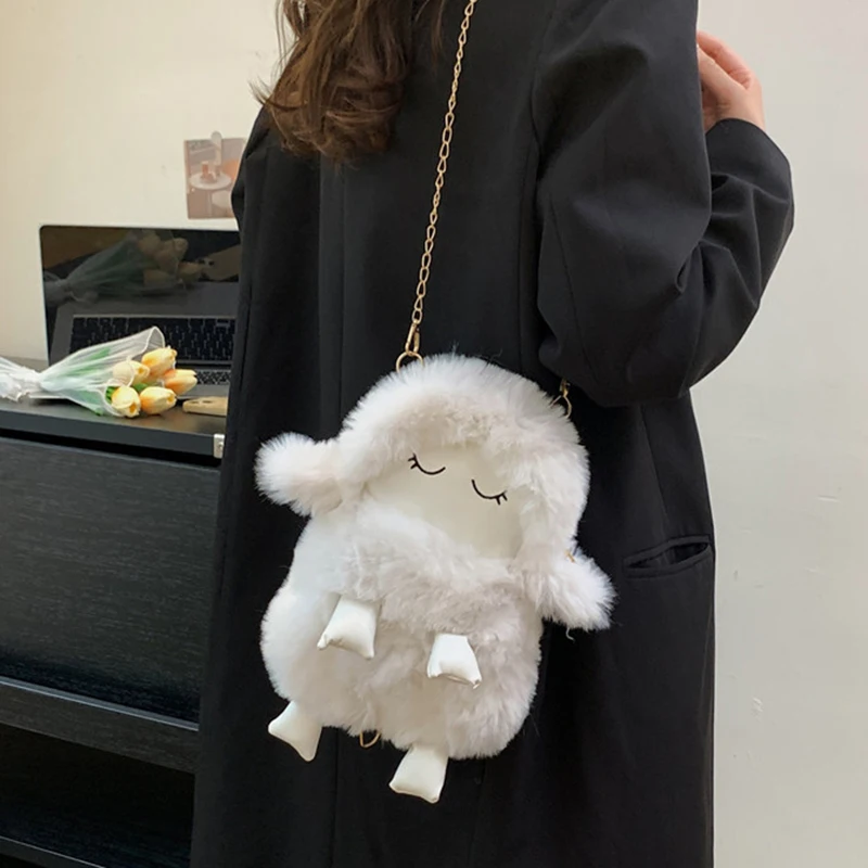 New Cute Lamb Shape Women's Plush Crossbody Bags Fashion Casual Female Shoulder Bag Cartoon Casual Girls Faux Fur Handbags Purse