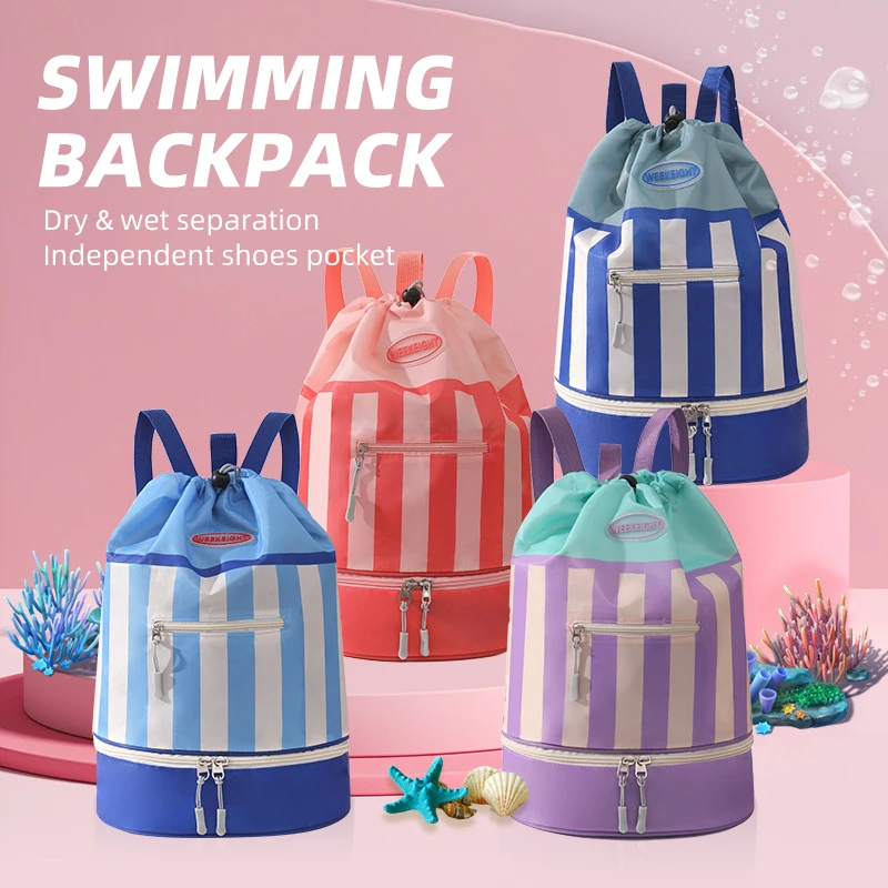 Children Swimming Storage Bag Large Kid Beach Backpack Portable Outdoor Sports Shoulder Bags Waterproof Striped Seaside Rucksack