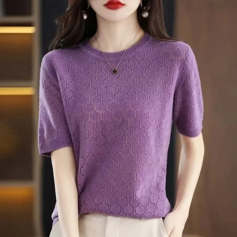 Short Sleeve T Shirt Women O Neck Wool Cotton Pullover Black Crop Top Spring Summer 2024 New Streetwear Basic Knitted Sweater To