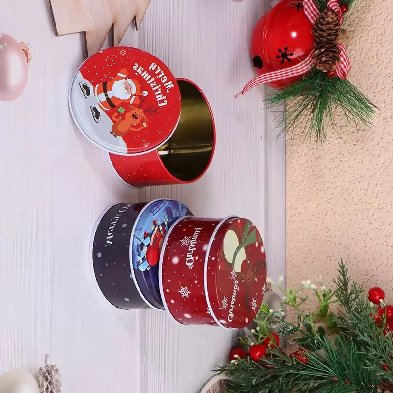 

1Pc Tinplate Christmas Candy Can Round Cartoon Santa Claus Elk Letter Printed Box Xmas Candy Chocolate Cookie Box Small Gift Box