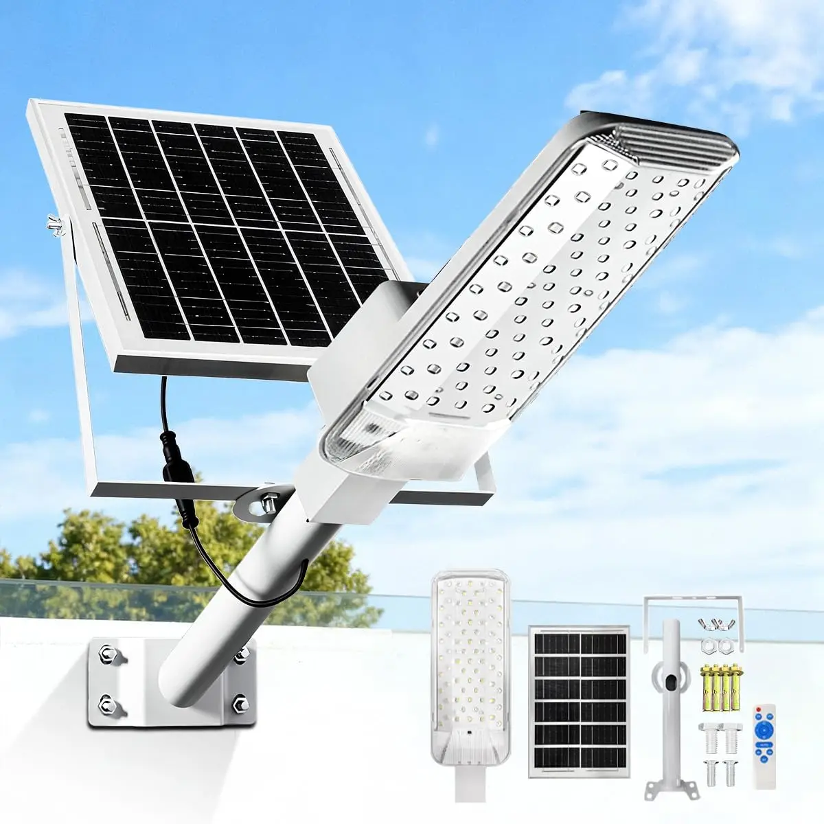 Solar-Straßenlaterne für den Außenbereich, 6000 mAh, leistungsstarke, wasserdichte LED-Lampe mit Fernbedienung für Hof/Garten/Weg