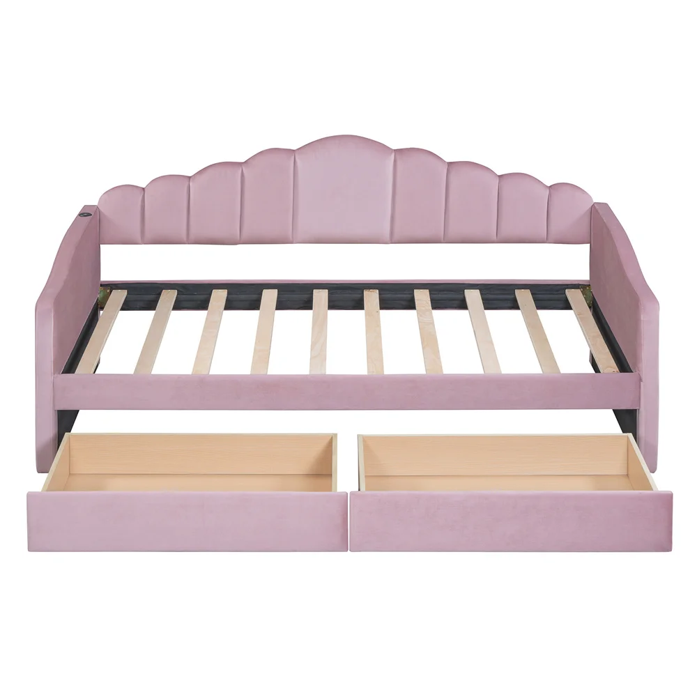 Simple Nordic Pink Grey Wooden Velvet 3 Seat Sofa Bed Frame with 2 Drawers Living Room Sofa