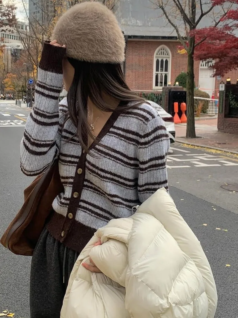 Coreano Sle V-Ne Slim Fit Listrado Malha Cardigan Aberto Feminino Versátil Quente Botão Único Longo Sve Sweat...