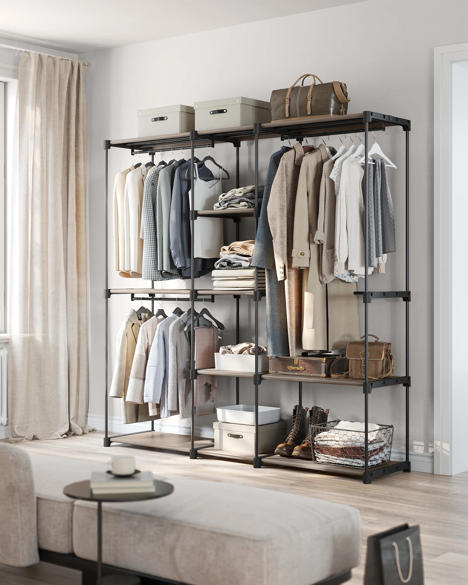 SONGMICS Portable Open Wardrobe, Clothes Rack, Freestanding Wardrobe with Clothes Rails and Fabric Shelves