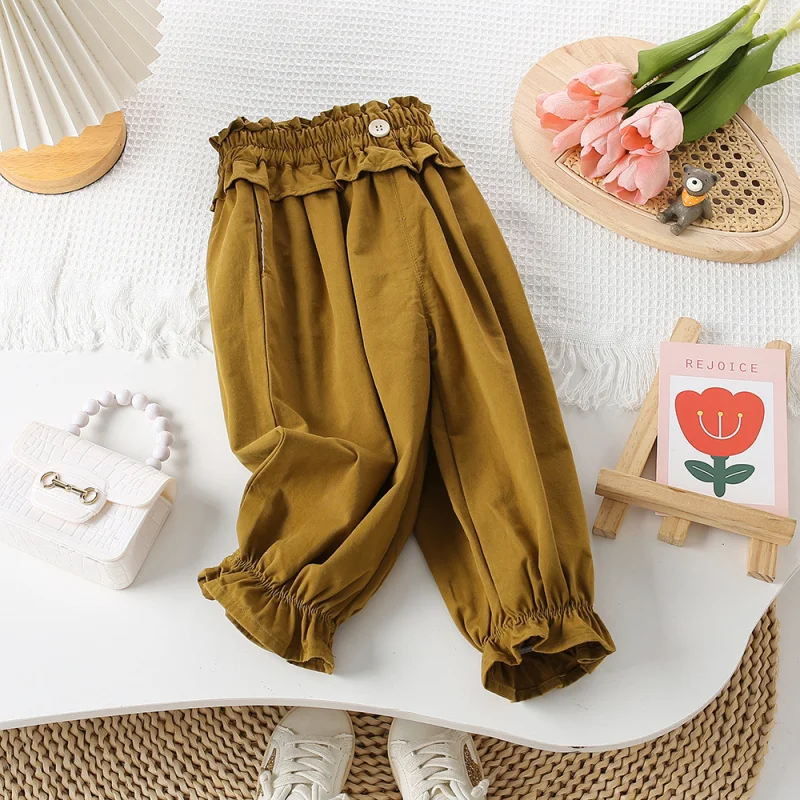 Kxkm-Girls' Spring and Autumn Casual Pants New Cute Lace Ankle-Tied Puff Children's Trousers Outer Wear Pants