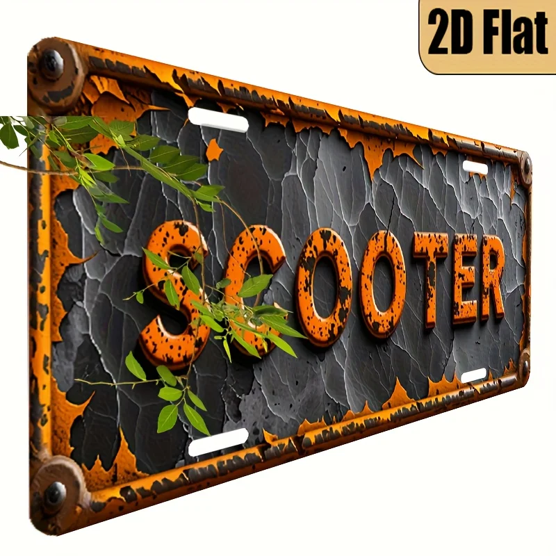 2D Flat Design, a Vintage Scooter License Plate - a Flat Metal Sign Featuring Scooter Text, with a Distressed Black And Orange D