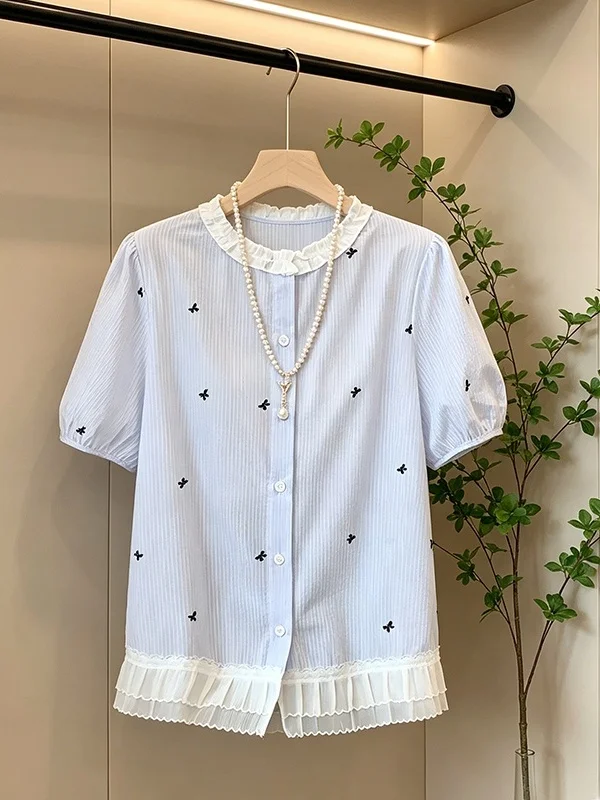 

plus Size Women's Summer New Style Lace Trimmed Striped Shirt Sweet Knot Embroidery Top Korean Style Bubble Sleeve