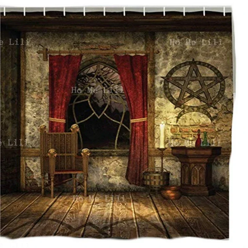 Gothic Shower Curtain Ancient Pentagram Symbol And Red Mystical Medieval Chamber Vintage Culture Cloth Fabric Bathroom Decor