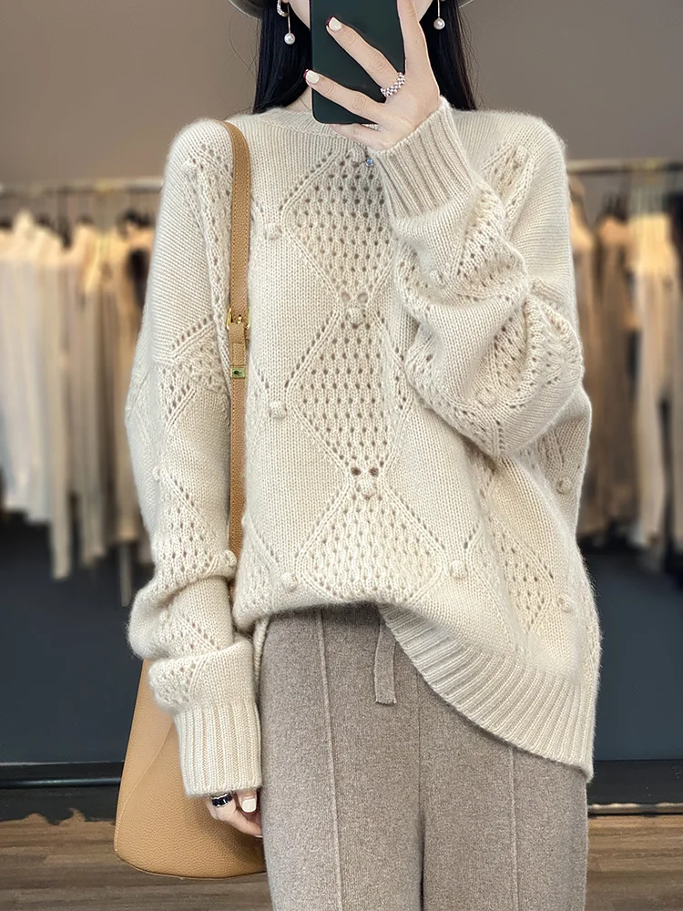 

High Quality Women Autumn Winter O-neck Pullover 100% Merino Wool Sweater Hollow Grace Soft Cashmere Knitwear Korean Fashion Top