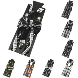 Elastic Suspenders Musical Bowtie Set Braces Men Women Piano Music Note Adjustable Braces For Wedding Y-Back Shirt Accessories
