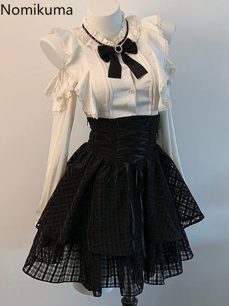 

2 Piece Sets 2025 Women's Clothing Long Sleeve Off Shoulder Bow Ruffles Blouse Bandage High Waist Skirt Outfits Chic Sexy Suit