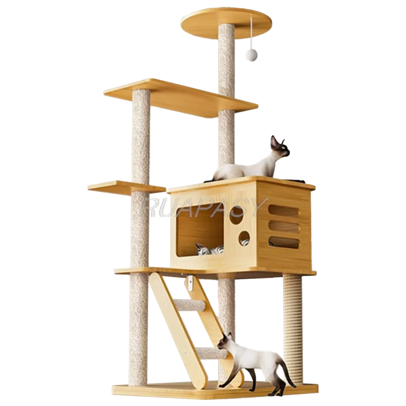 Integrated Multi-Level Cat Tree Nest Wood Cat Climbing Frame Shelf Space Capsule Post Condo Scratching Jumping Platform Tower