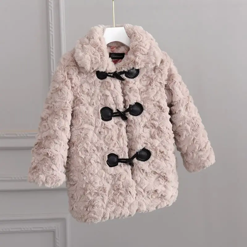 Girls Thickened Warm Coat 2024 New Children Stylish Autumn and Winter Top Girls Cow Horn Button Lamb Wool Coat