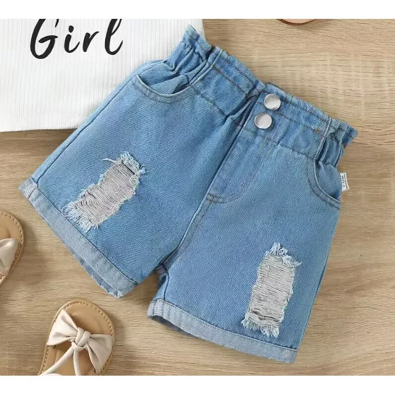 

0-3Years Toddler Girl Denim Shorts High Waist Elasticity Ripped Loose Fitting Denim Shorts Fashion Daily Versatile Pants for Kid